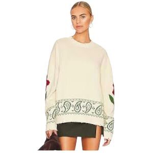 Profound Distressed Pullover Floral Paisley Knitted Sweater Womens Cream Small